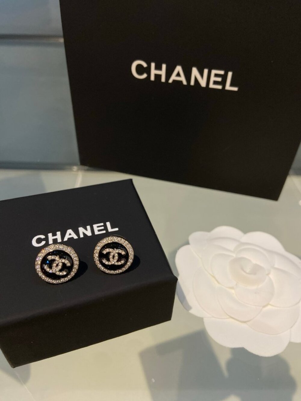 Chanel Silver-Tone Black Enamel Crystal CC Stud Earrings